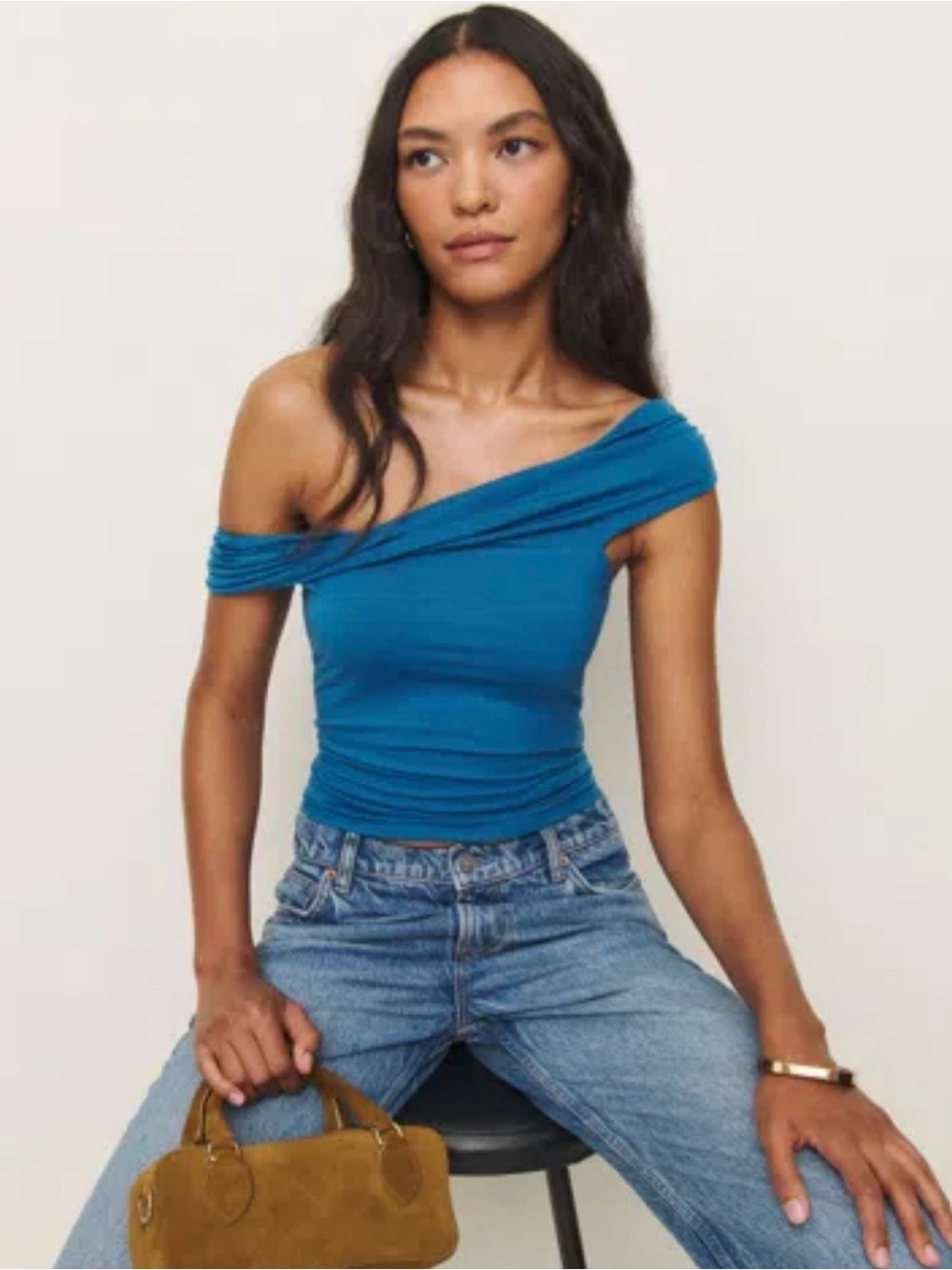 Reformation Blue One-Shoulder Ruched Camisole
